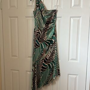 NEW Maggy London Abstract tropical, one shoulder asymmetrical dress, size 2